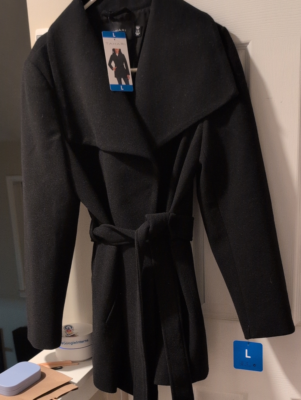 Tahari Black Belted Wrap Trench Coat